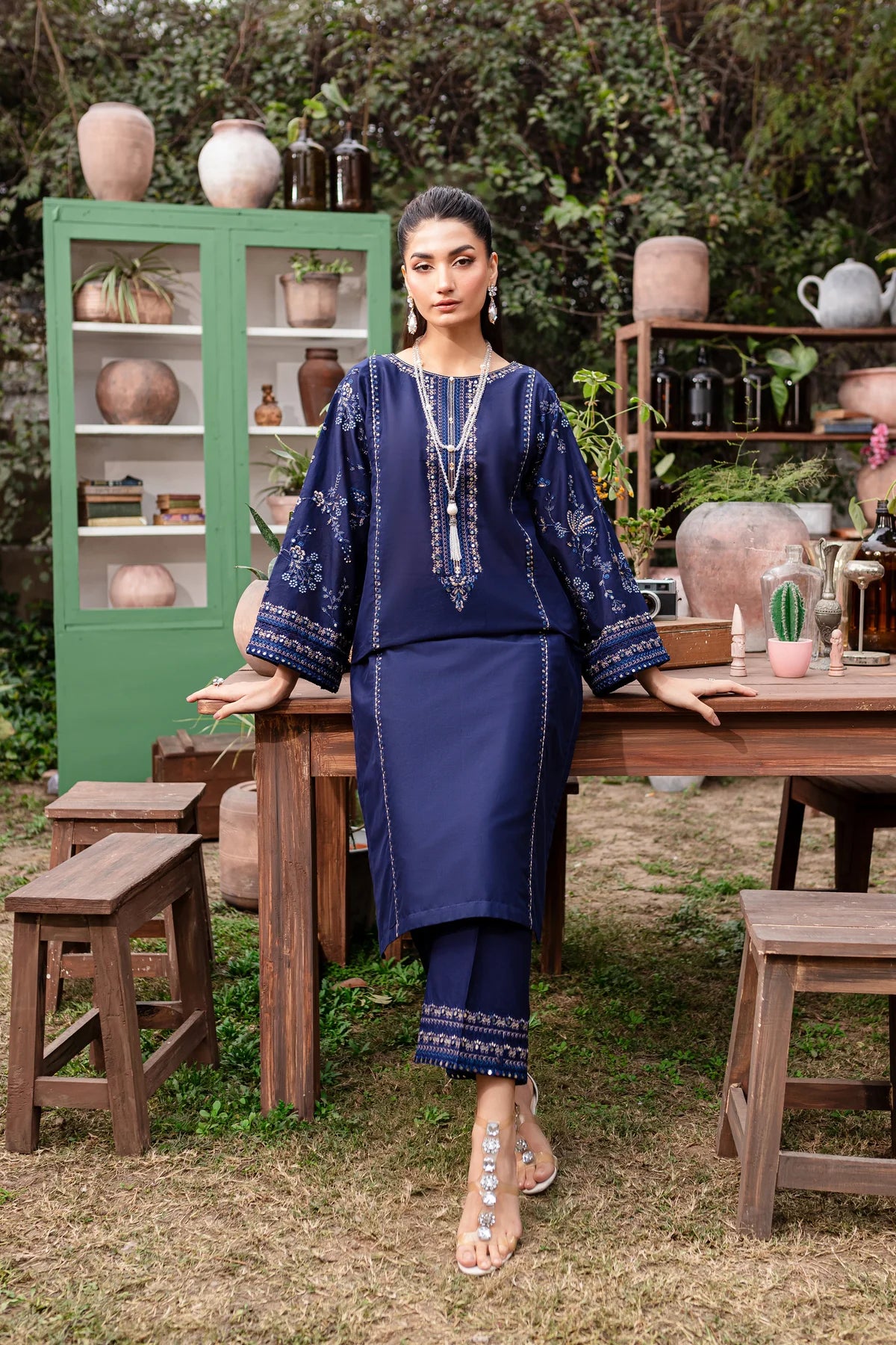 WINTER-  BEST SELLING - BLUE JEWEL 2PC EMBROIDERED DRESS